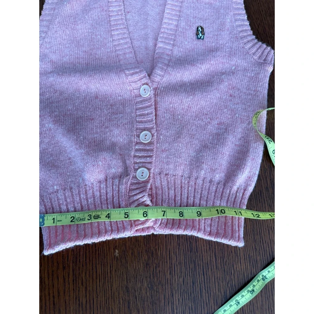 Hush Puppies Pink‎ Knit Button Up Sweater Vest Basset Hound Dog Patch Cardigan